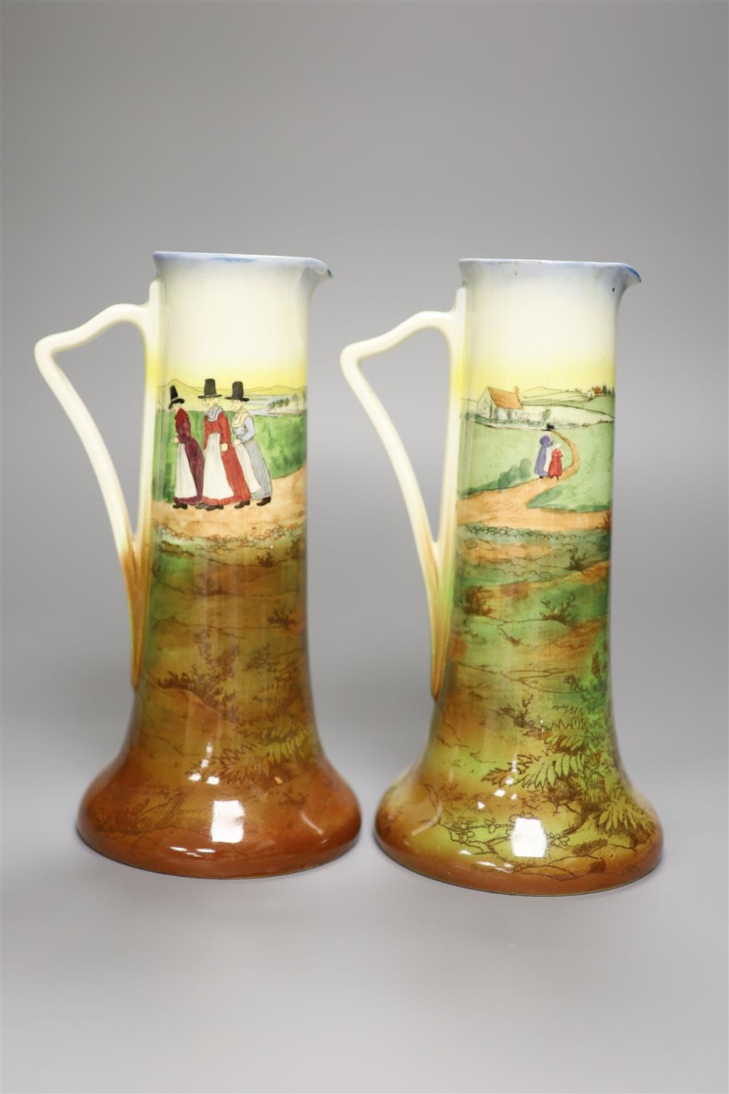 A pair of Royal Doulton Seriesware jugs, a Doulton figure, Little Boy Blue and Worcester figure, Joan and Royal Copenhagen figure of fa